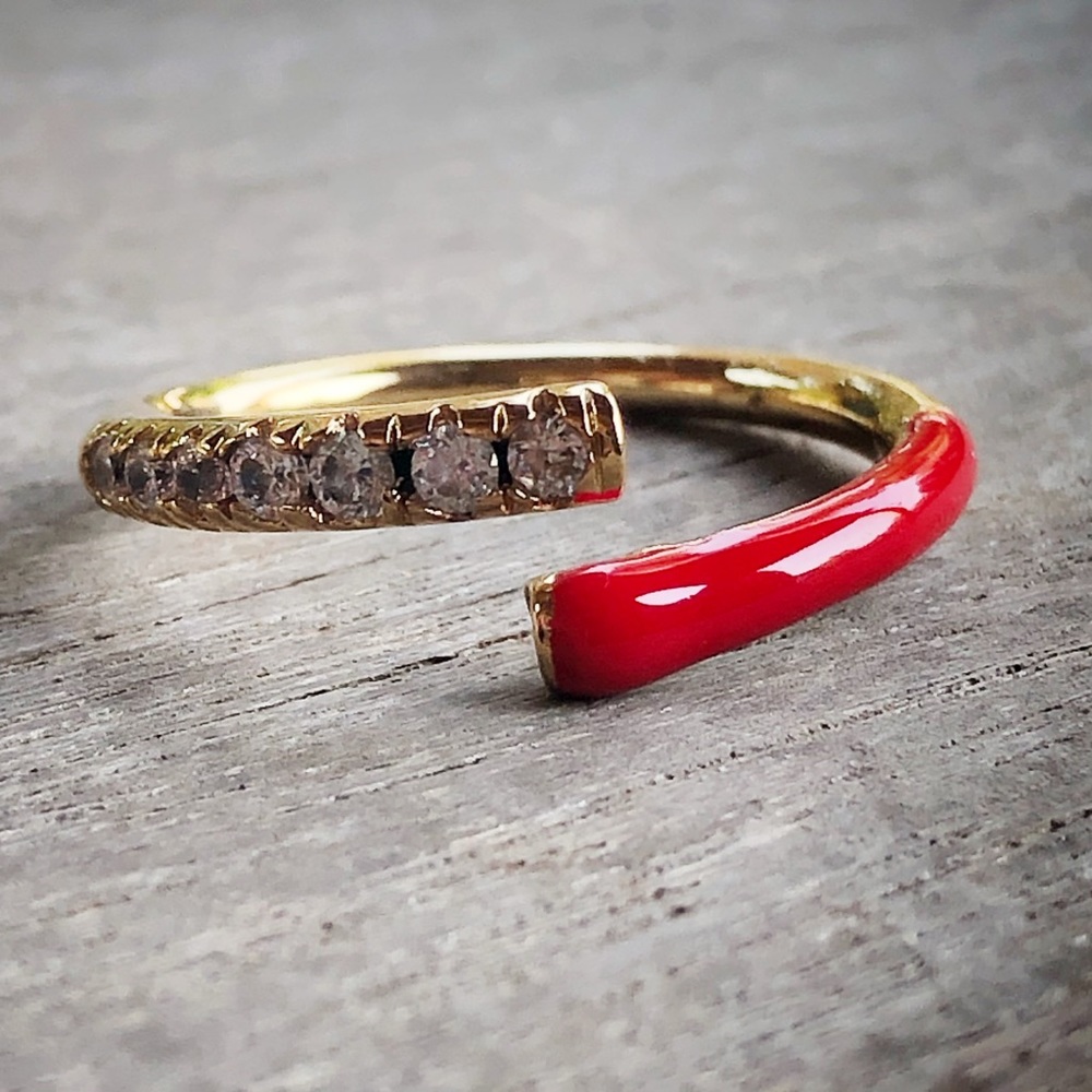 YG Plated Red Enamel CZ Adjustable Ring - Picture 7 of 8